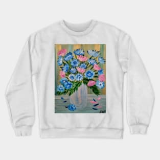 vibrant pink and blue bouquet of flowers in a silver and gold vase Crewneck Sweatshirt